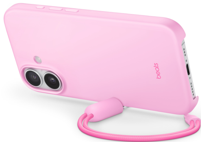 Pembe bir telefon kılıfı, kayış ve Beats logosu. Kılıfta iki kamera merceği ve bir flaş var. Kayış pembe.