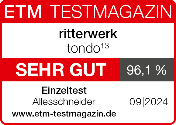 Ein rotes und weißes Magazincover mit der Aufschrift "ETM TESTMAGAZIN", einem Produktnamen und einer Bewertung von 96,1%.