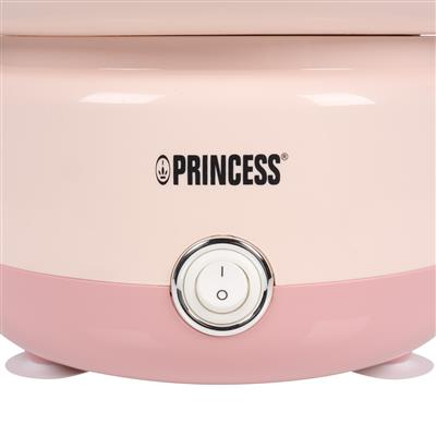 Ein rosa-weißes Princess-Gerät. Es hat einen Ein-/Aus-Schalter, den Markennamen und steht auf kleinen weißen Füßen.