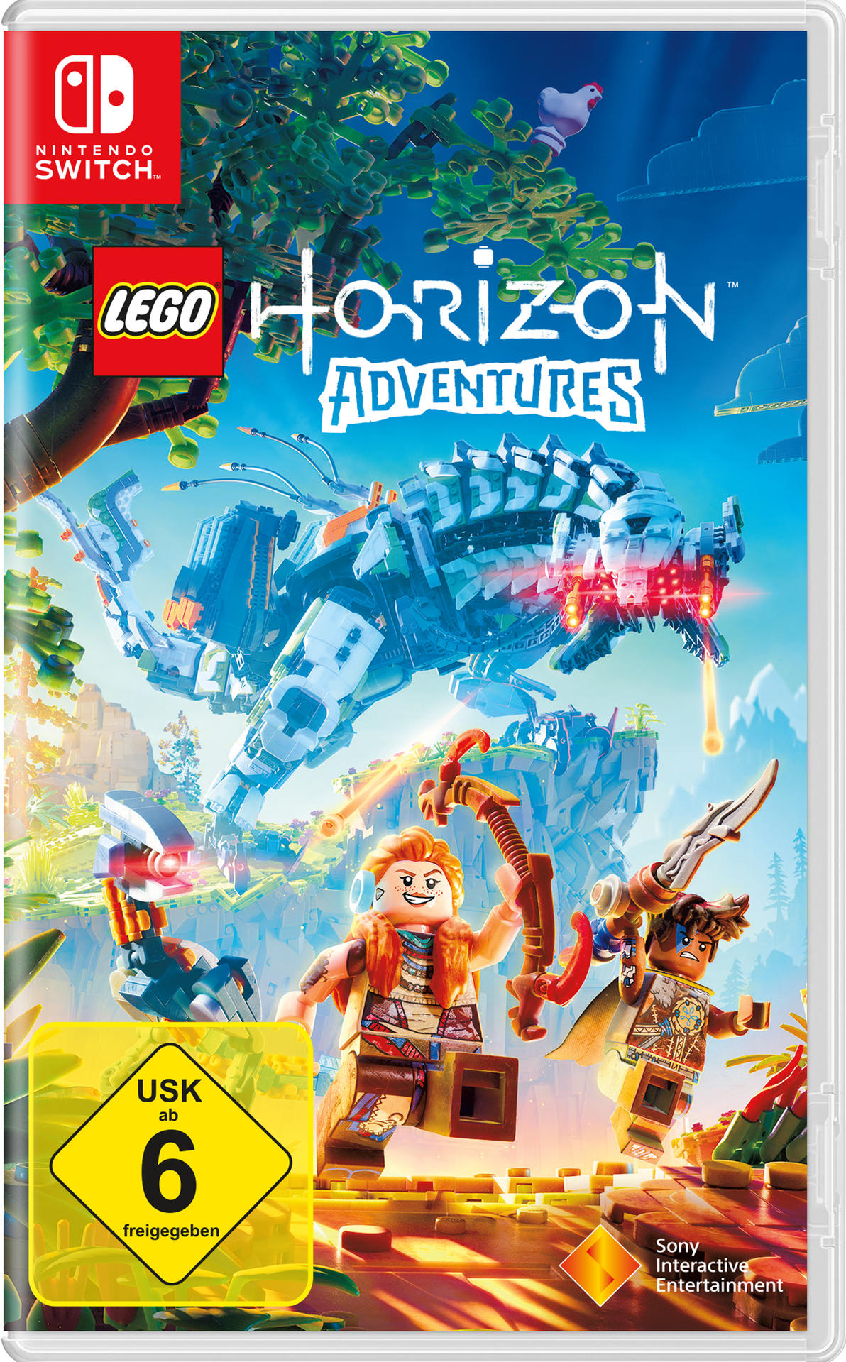 Lego Horizon Adventures-Box-Art: Charaktere mit Waffen stehen vor einer großen Maschine. Blauer Himmel mit Lego-Strukturen.