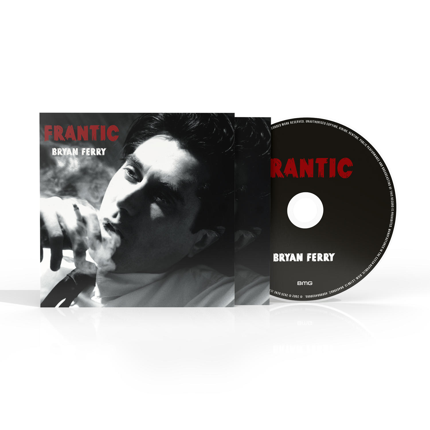 Albumcover von Bryan Ferrys "Frantic". Das Cover zeigt ein Graustufenbild von Ferry und die CD ist sichtbar.