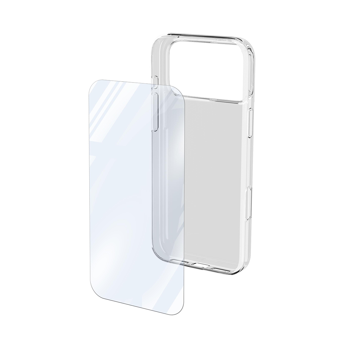 Ein durchsichtiges Handycase und ein Displayschutz-Set vor weißem Hintergrund. Das Case ist offen, der Schutz separat.