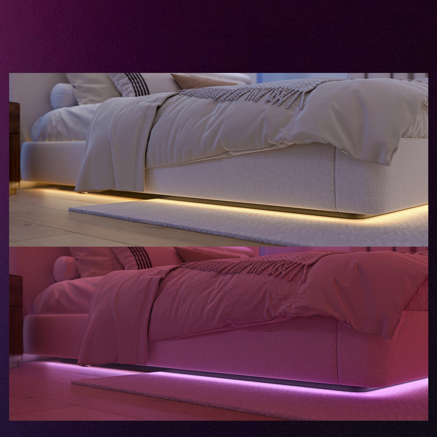Een slaapkamer met twee bedden. Zachte verlichting onder de bedden en op de vloer. Beige beddengoed en een zachte roze tint.