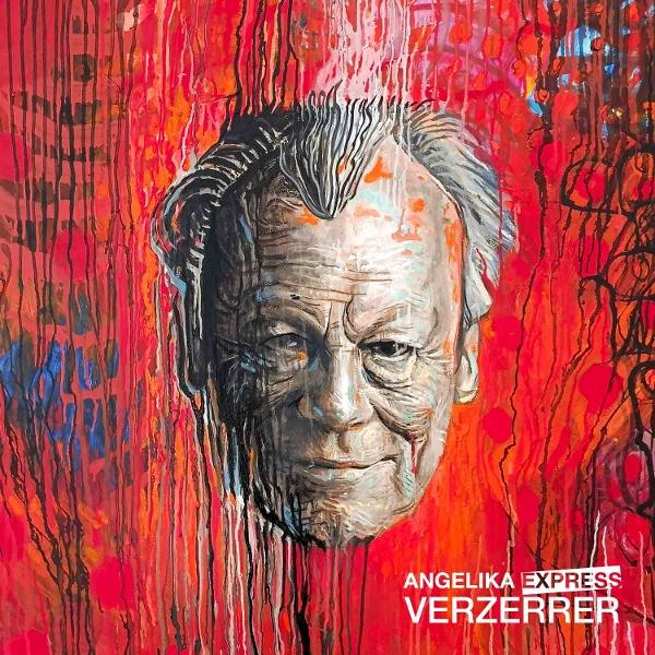 Porträt eines alten Mannes mit grauem Haar vor rotem Hintergrund. Rote Farbe tropft herunter. Text unten: ANGELIKA EXPRESS VERZERRE.