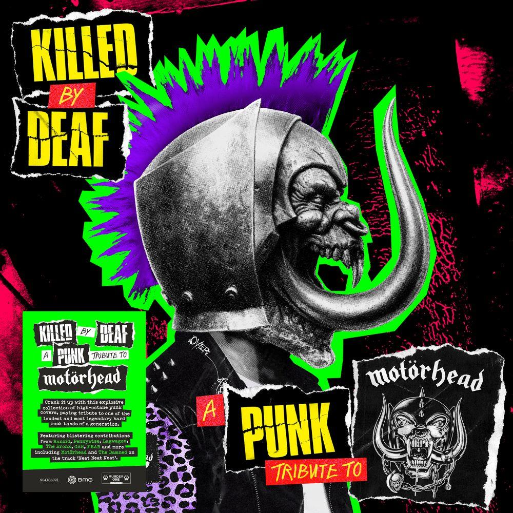 Pochette d'album avec casque crânien, crête violette et contour vert, avec texte 'Killed by Deaf' et 'Punk Tribute to Motörhead'.