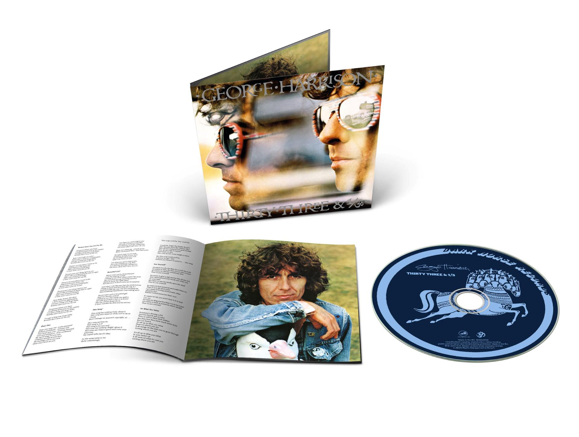 Albumcover von George Harrisons Thirty Three & 1/3, mit CD und Booklet. Harrisons Gesicht ist auf dem Cover, die CD hat ein Pferd.