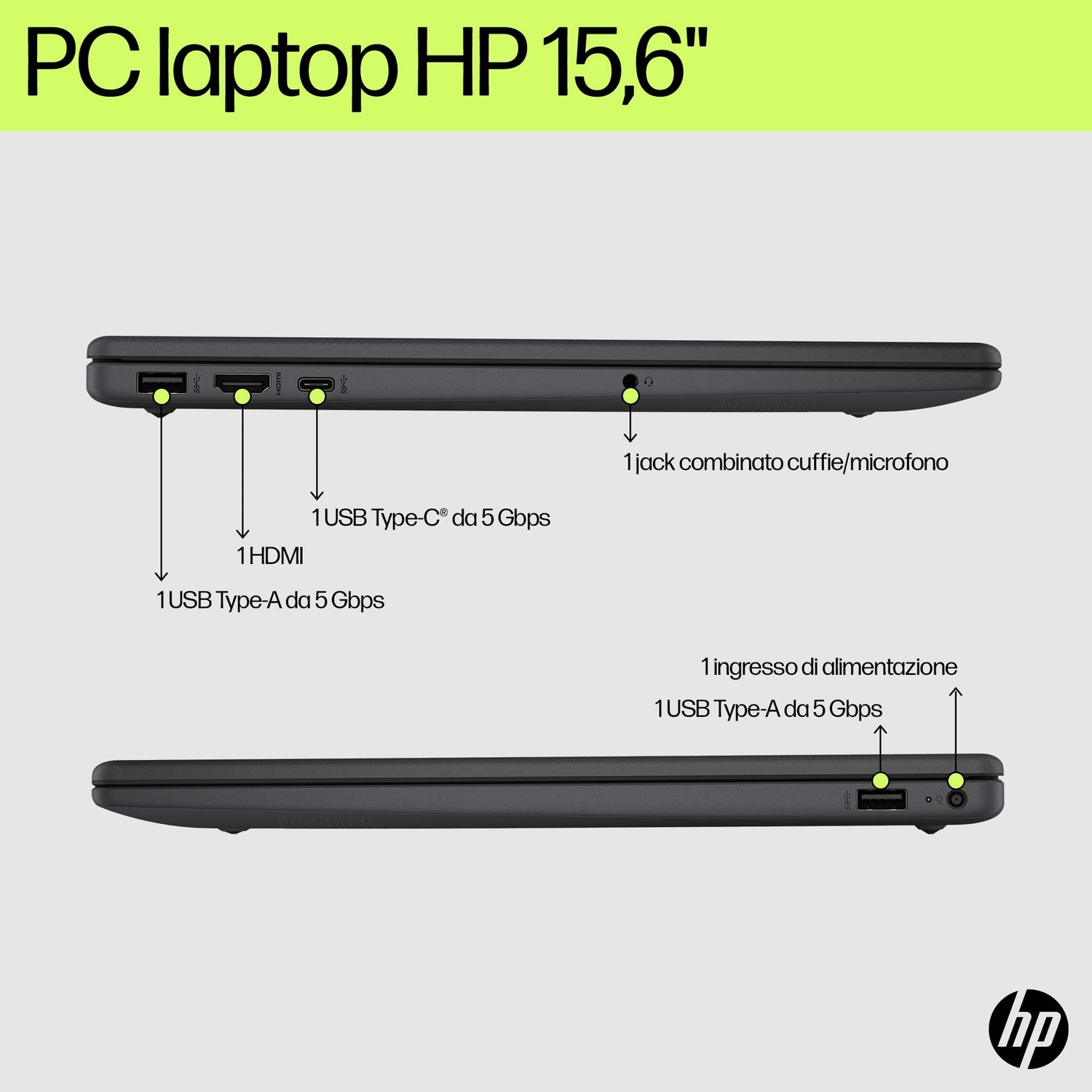 Laptop HP nero con porte etichettate, tra cui HDMI, USB e jack audio. Con logo HP. Testo: PC laptop HP 15,6".