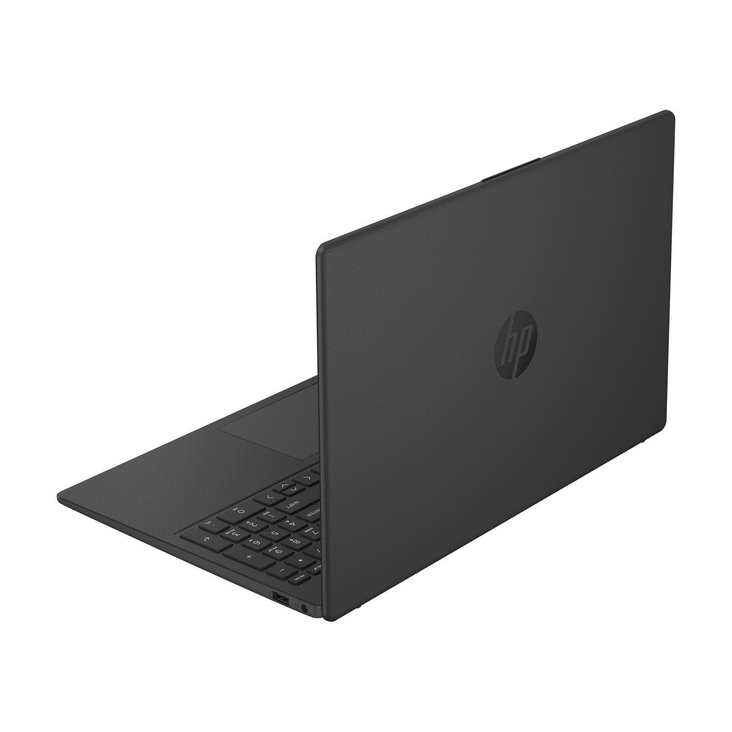 Un laptop HP nero è aperto ad angolo. Il logo HP è visibile. La tastiera è parzialmente visibile.