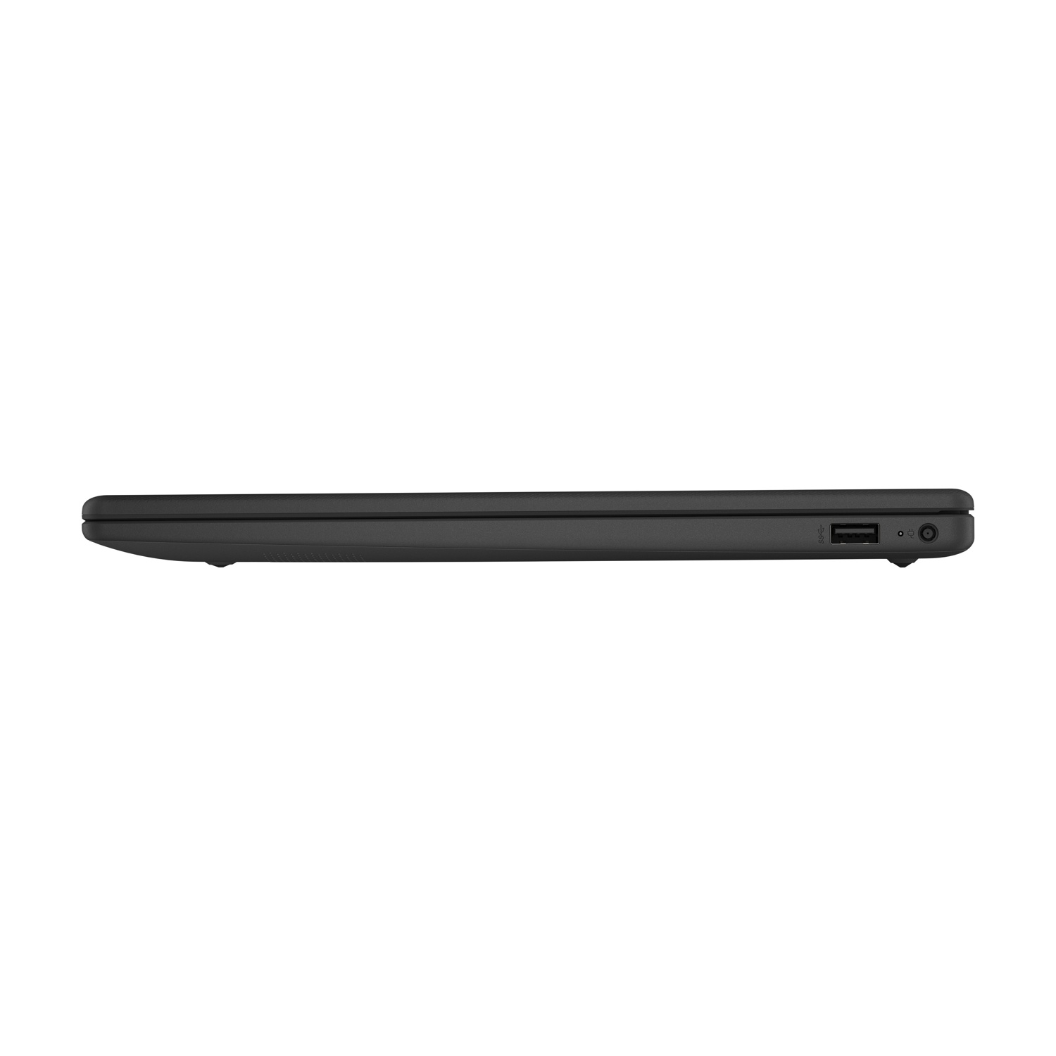 Vista laterale di un laptop nero chiuso. Porte visibili: USB e alimentazione. Sfondo bianco.