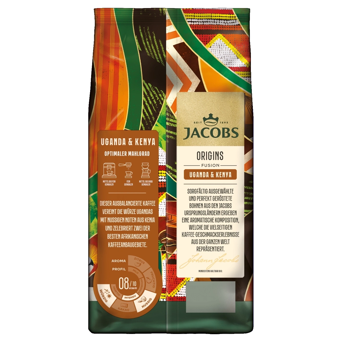 Kaffeepackung mit der Marke 'Jacobs', Mischung Uganda & Kenia. Enthält Text und Grafiken mit Geschmacksprofilen und Brühhinweisen.