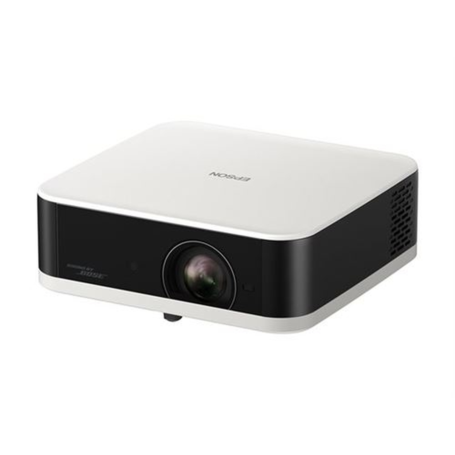 Un projecteur Epson blanc et noir. L'objectif est centré à l'avant. Le dessus est blanc et les côtés noirs avec ventilation.