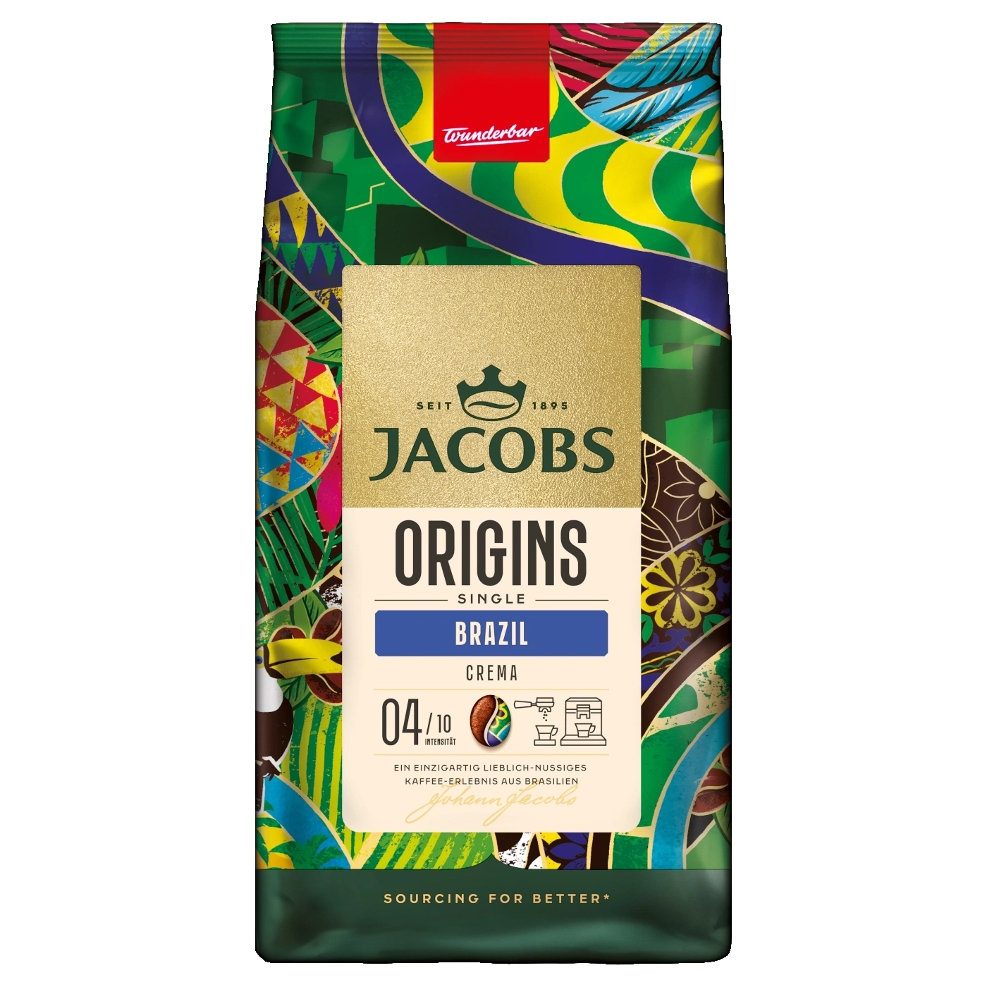 Kaffeetüte. 'Jacobs Origins Brazil Crema'-Etikett mit lebhaftem, gemustertem Hintergrund. Die Tüte ist grün, rot und gold.