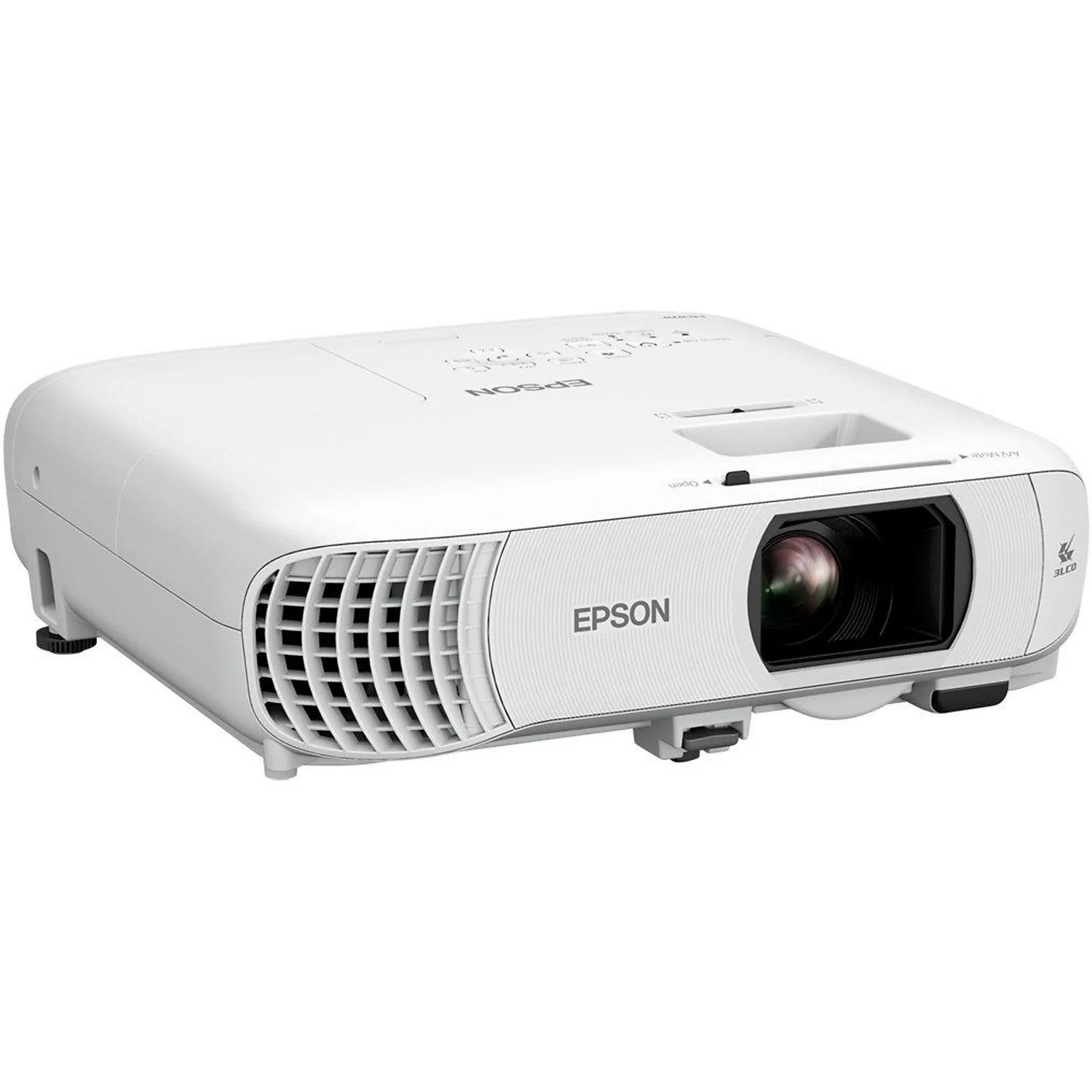 Een witte Epson-projector is afgebeeld, enigszins schuin. Hij heeft een lens, ventilatie en het Epson-logo. De achtergrond is wit.