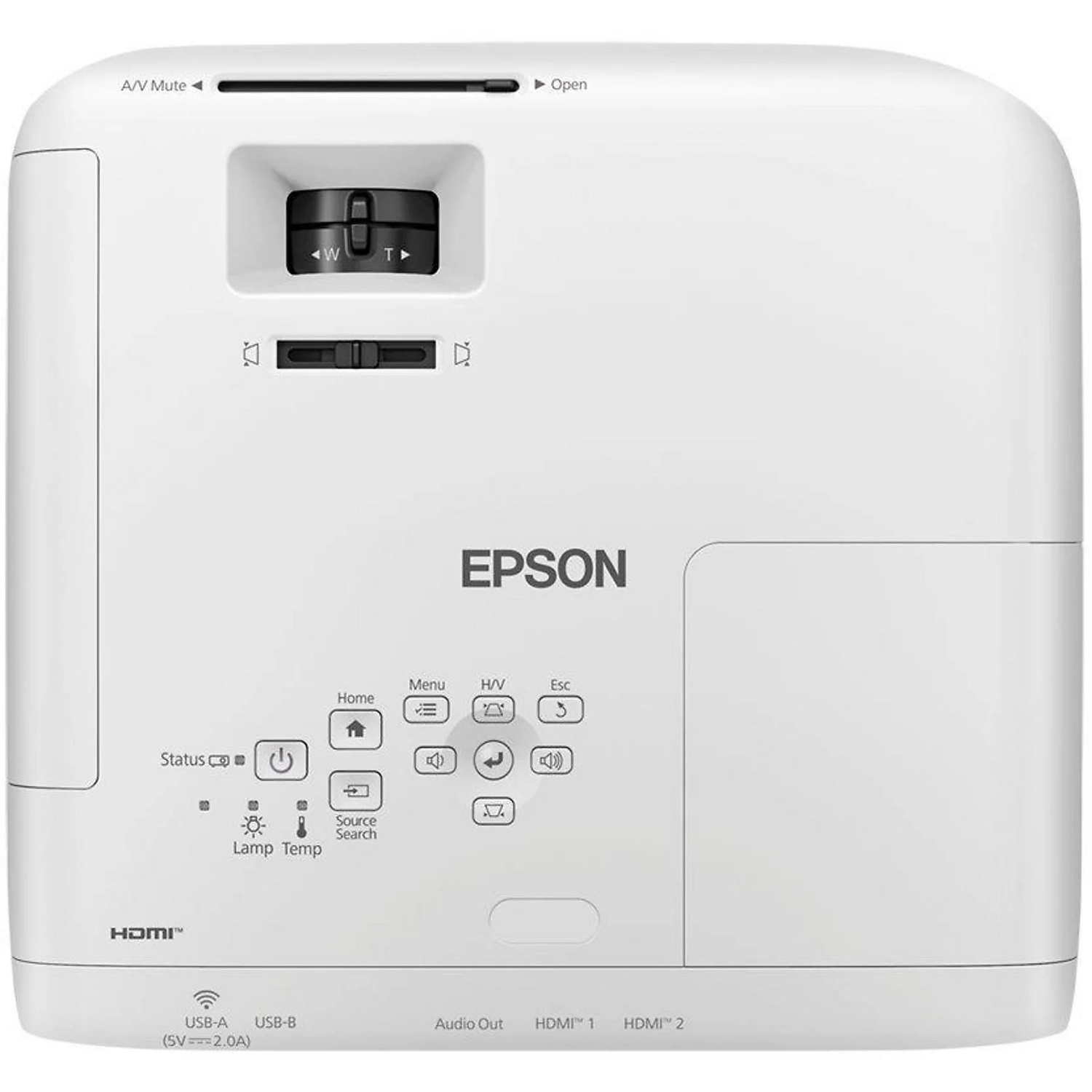 Een witte Epson-projector met bedieningsknoppen, een lens en poorten. Knoppen zijn onder meer aan/uit, menu en bronselectie. De merknaam is zichtbaar.