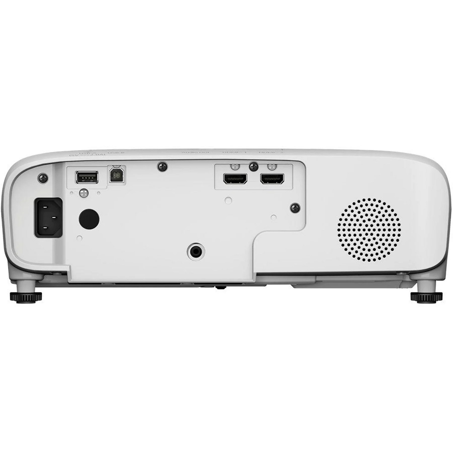 Achterkant van een witte projector met diverse poorten, stroomingang en een luidsprekerrooster. Staat op verstelbare voeten.