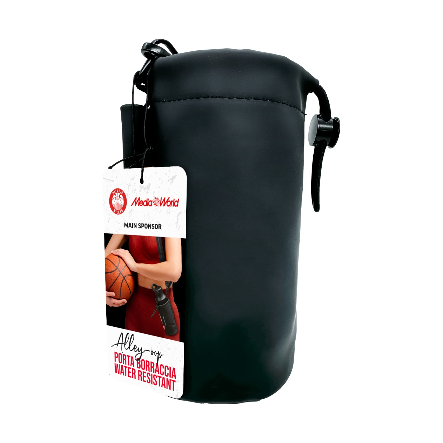 Un porta borraccia nero con un'etichetta. L'etichetta mostra un giocatore di basket e le parole 'Alley-oop, Porta Borraccia, Water Resistant'.