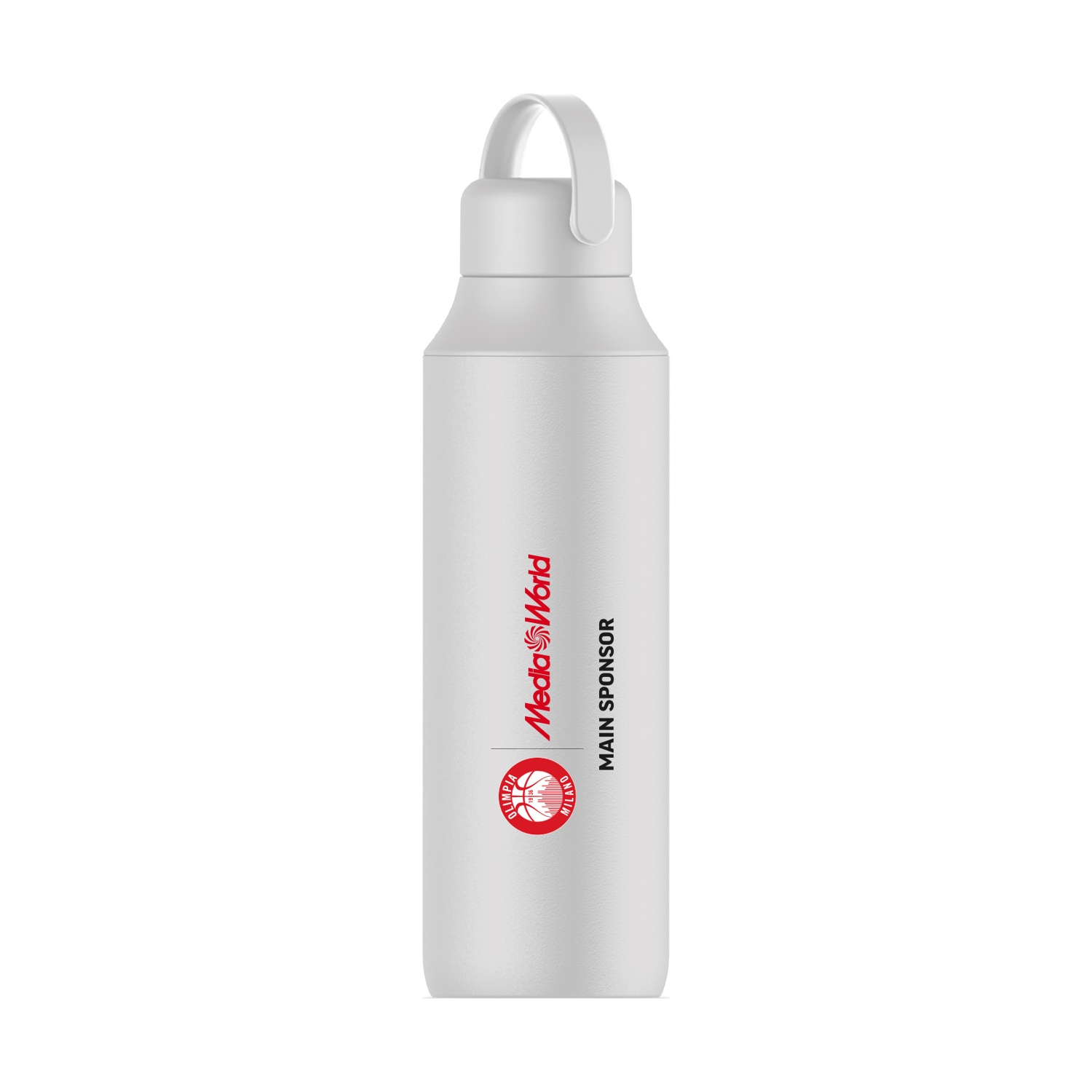 Borraccia bianca con manico. Ha testo rosso e un logo con scritto 'MediaWorld' e 'Main Sponsor'.