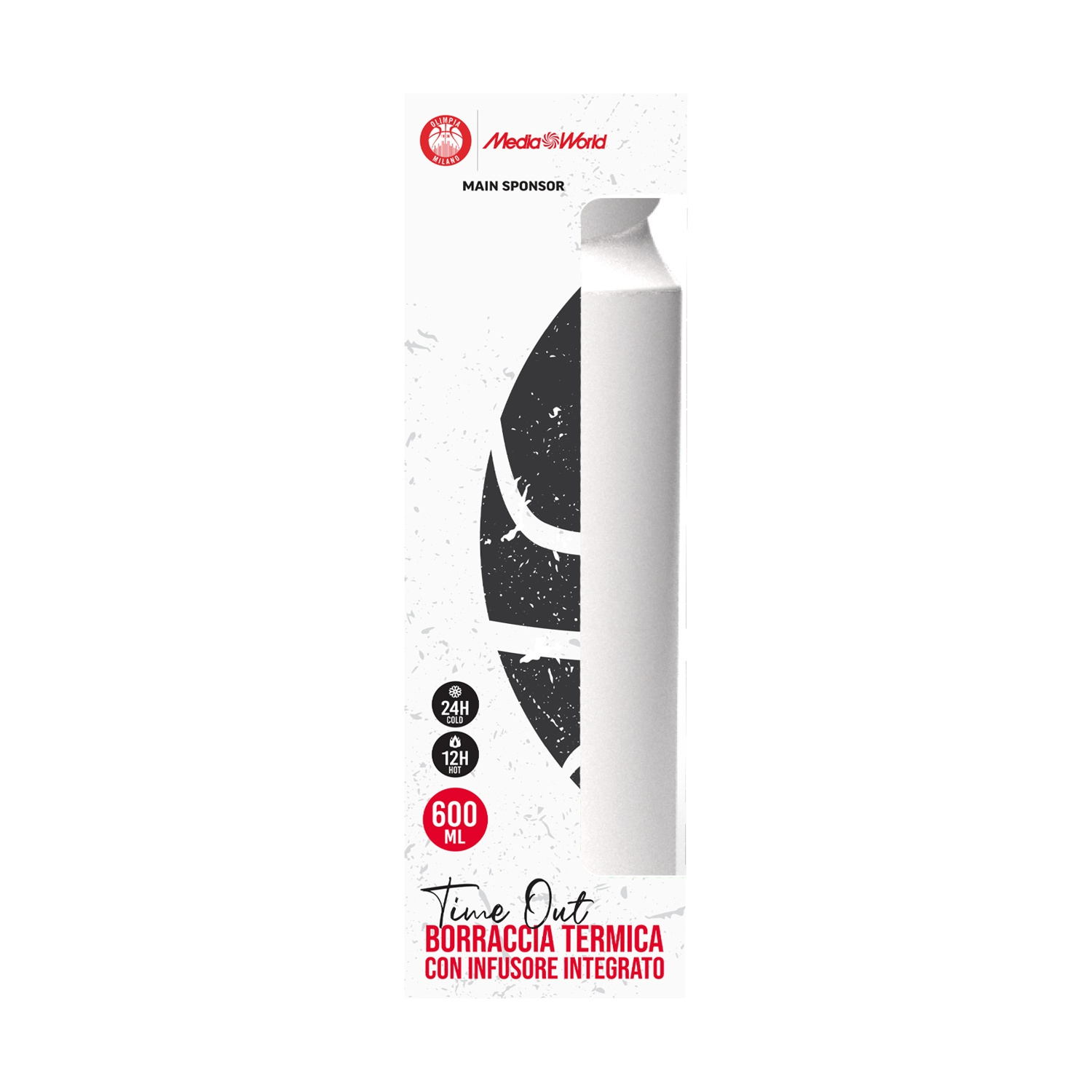 Borraccia termica bianca con grafica nera. Loghi di MediaWorld e Olimpia Milano. Testo: Time Out. Capacità: 600 ml. Tiene freddo 24h, caldo 12h.