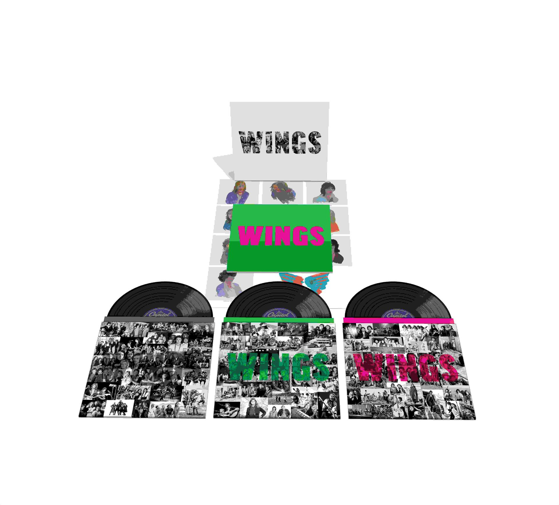 Drei Schallplatten mit Collage-Covern, die das Wort WINGS in großen Buchstaben zeigen.