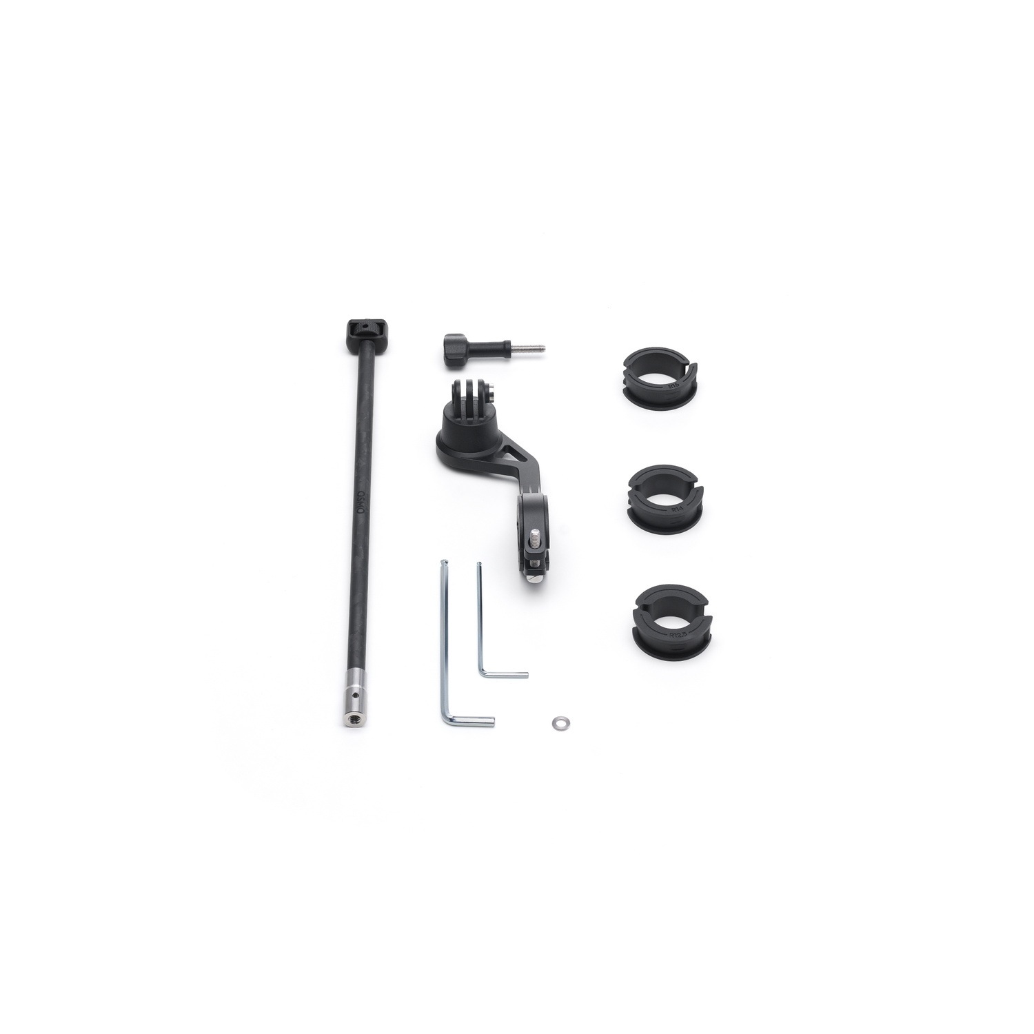 Various black camera mounting components on a white surface, including a long rod, brackets, and a few circular pieces.