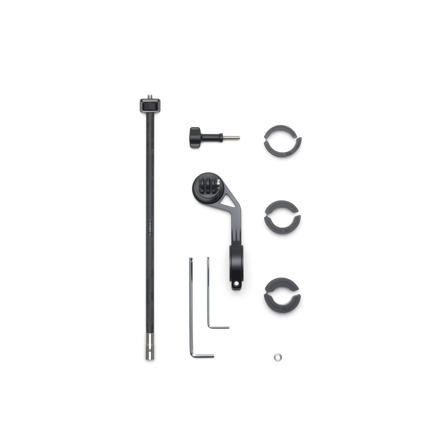 Various bicycle accessories are arranged on a white surface, including a long black rod, brackets, and Allen wrenches.