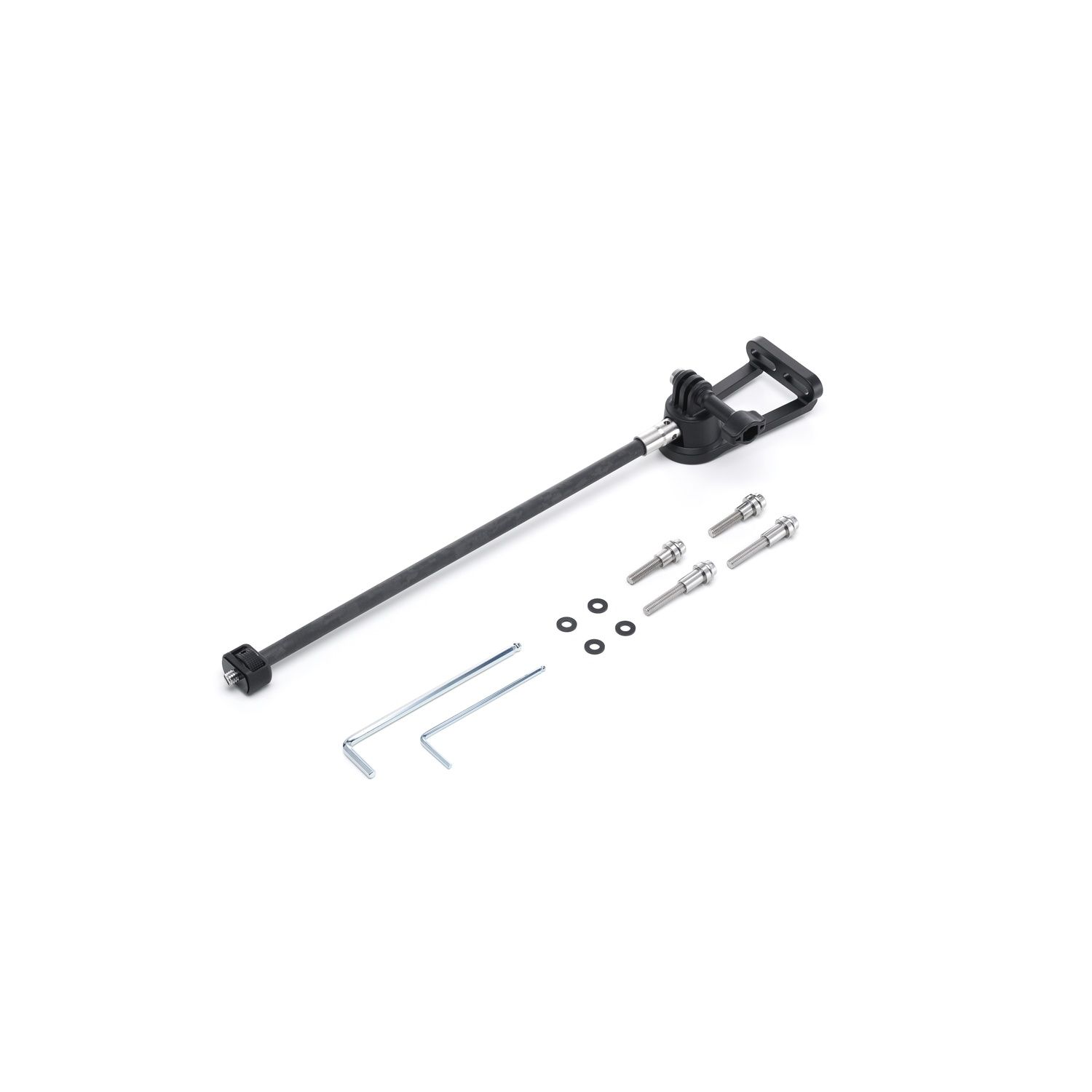 Black selfie stick with mounting bracket, screws, and Allen wrenches on a white background.