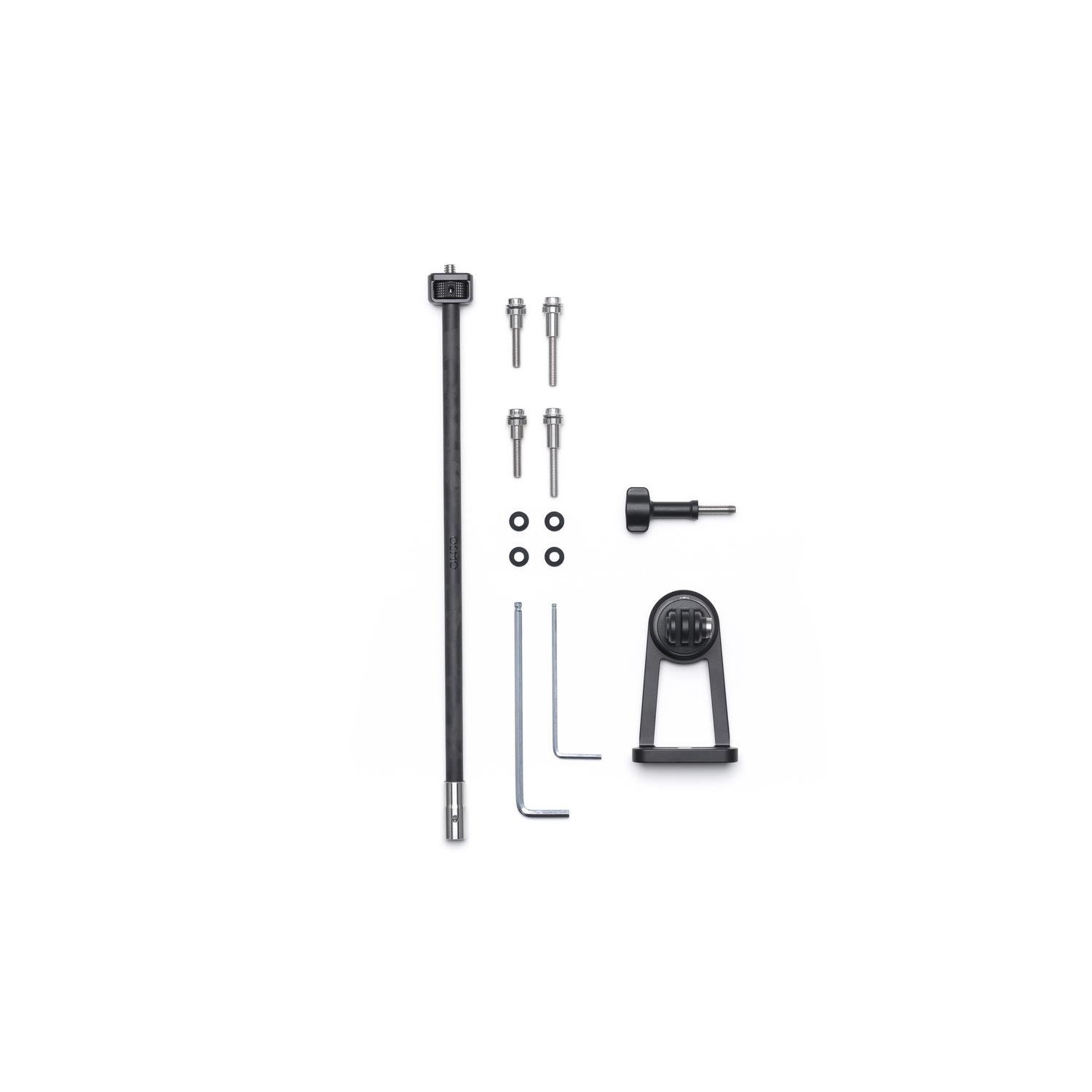 An assortment of black camera accessories laid out on a white surface, including bolts, a long rod, a bracket and an allen key.