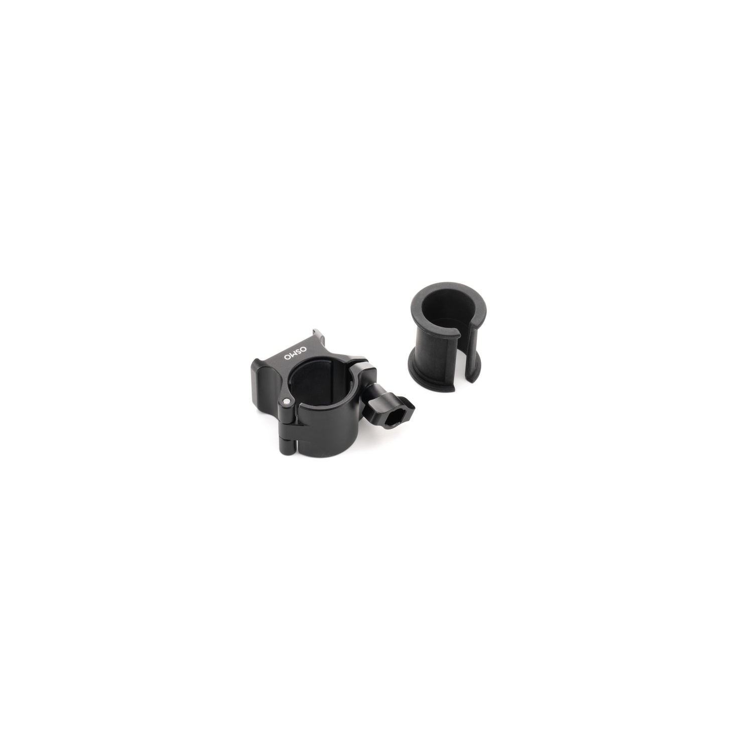 Two black metal Osmo camera accessories on a white surface. One is a clamp, the other is a ring holder.