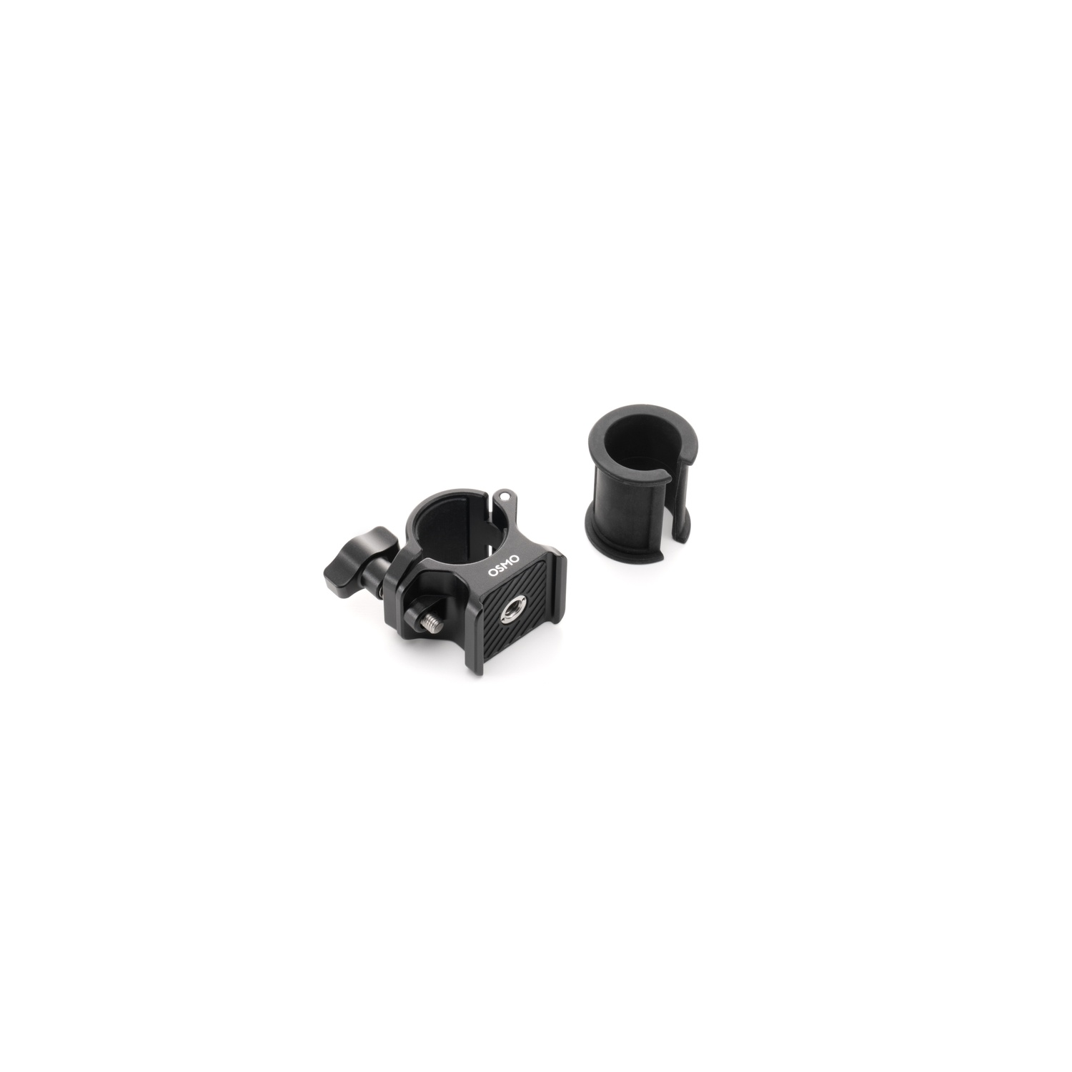 Two black Osmo camera accessories on a white background. One is a clamp with a knob, the other a small cylinder.