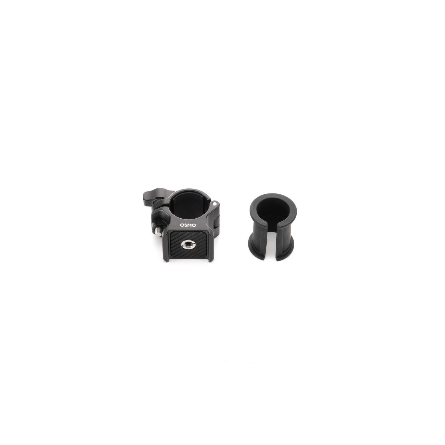 Two black camera accessories on a white background. One is a clamp with the word 'OSMO'. The other is a round holder.