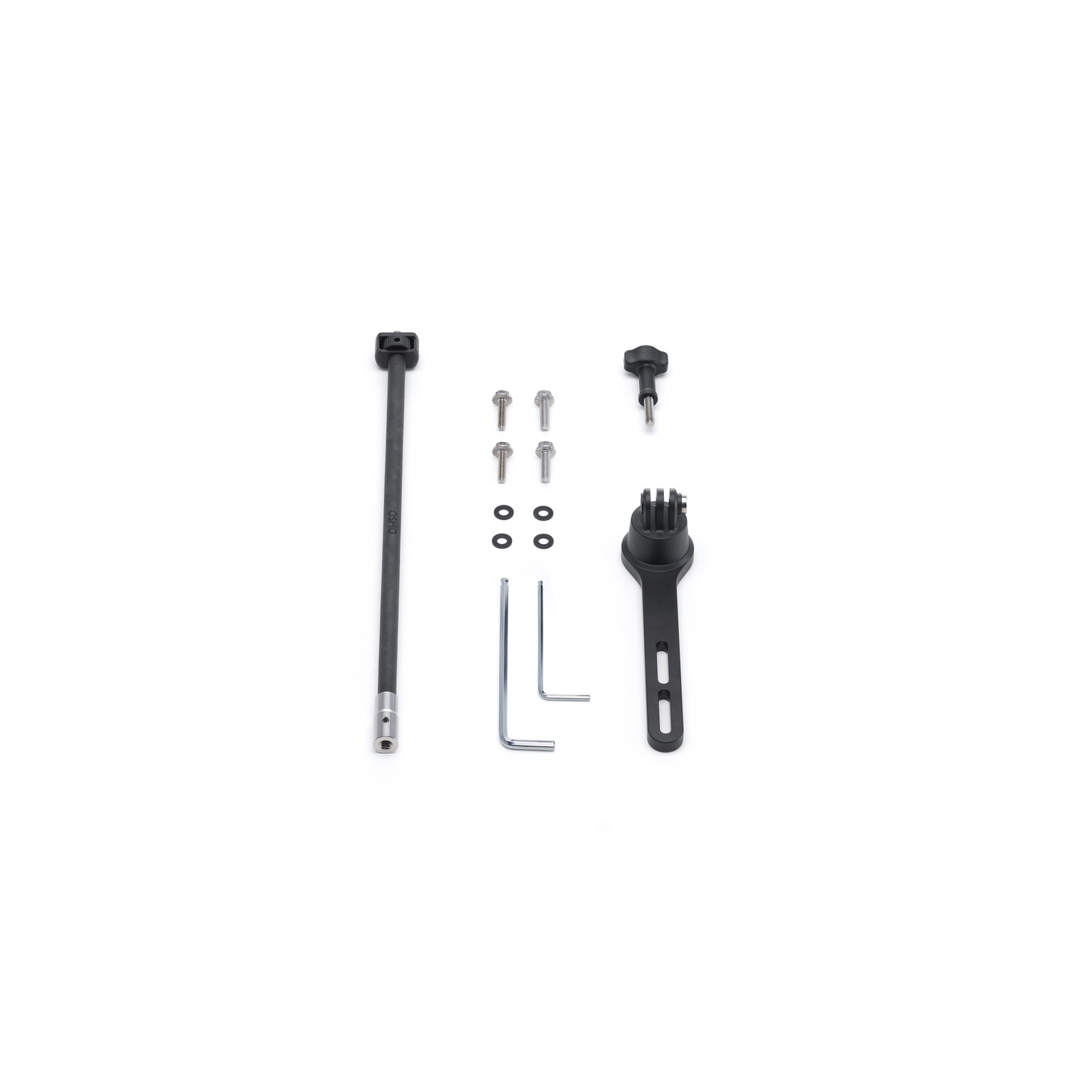 Various black and silver camera accessories. Includes a long rod, screws, a mounting bracket, and an Allen wrench, all on a white surface.