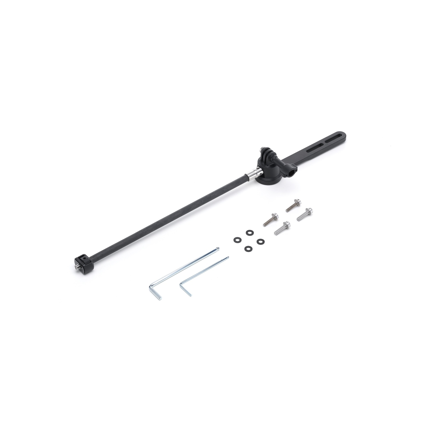 A black camera mount kit on a white background. Includes a long arm, mounting hardware, and allen wrenches.  