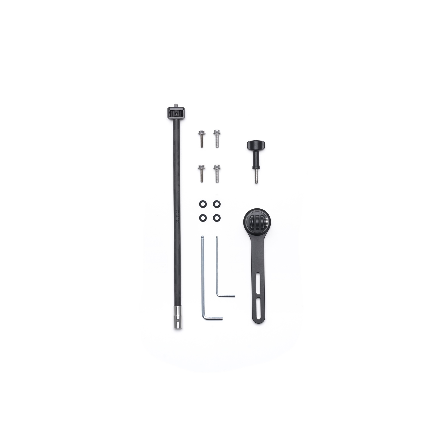 An assortment of camera accessories, including a long black rod, screws, a knob, small circles, an L-shaped tool, and a black bracket.