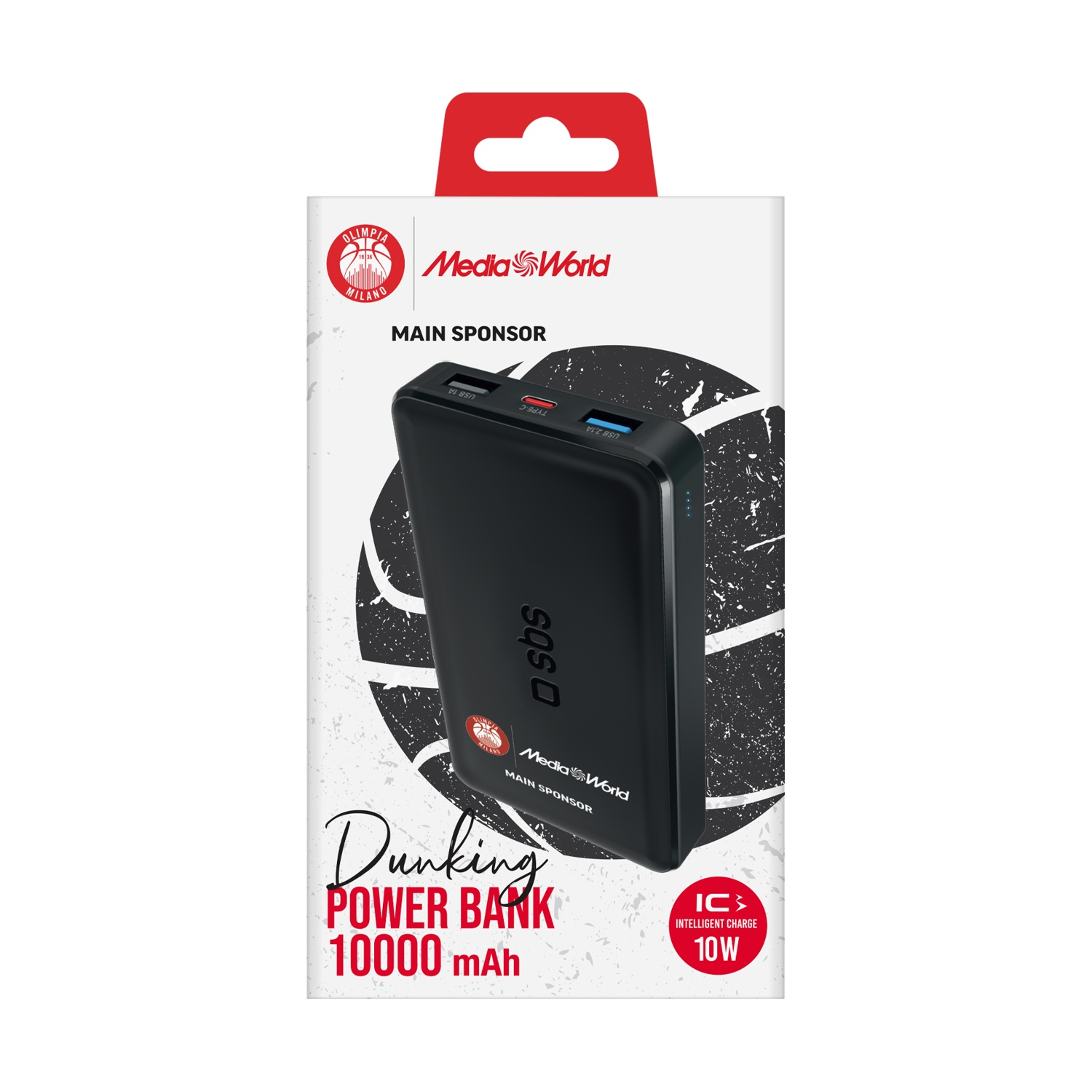 Un power bank nero in una scatola bianca. La scatola dice 'Dunking Power Bank 10000 mAh'. I loghi 'MediaWorld' e 'Olimpia Milano' sono visibili.