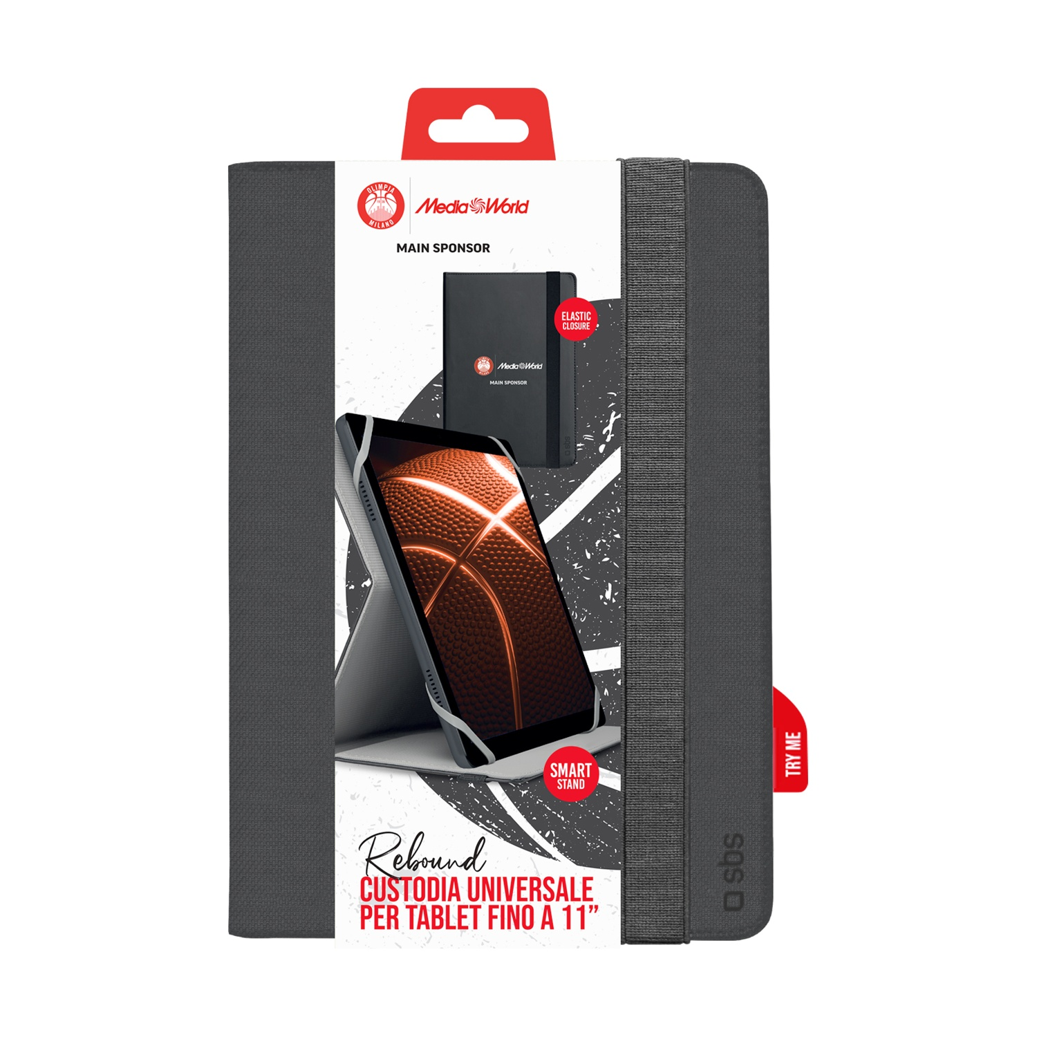 Una custodia per tablet con un'immagine di basket sullo schermo, il prodotto è esposto su sfondo grigio con elementi di branding.