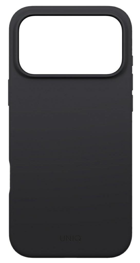 Czarny futerał na telefon z wycięciem na aparat i marką 'UNIQ' na dole.