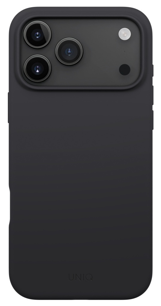 Czarny futerał na telefon z trzema obiektywami aparatu i lampą błyskową. Marka 'UNIQ' widoczna na dole.