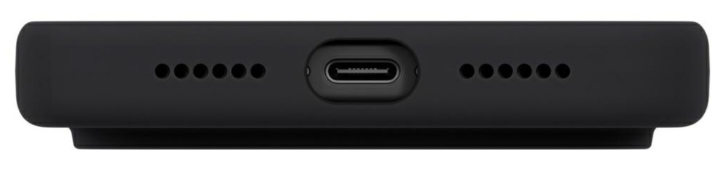 Zbliżenie na spód czarnego urządzenia elektronicznego. Zawiera port USB-C, otwory głośnikowe i podniesioną krawędź.