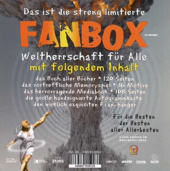 Poster mit Text 'FANBOX', ein Mann zeigt auf eine Atompilzwolke, Text listet Inhalte.