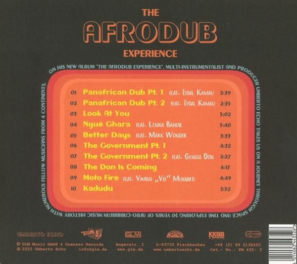 Albumcover mit orangefarbenem Text auf dunklem Hintergrund. Titel: The Afrodub Experience. Trackliste und Credits.