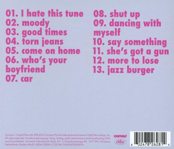 Albumcover mit Trackliste in rosa Schrift. Titel sind unter anderem 'I hate this tune', 'moody' und 'jazz burger'. Hintergrund hellblau.