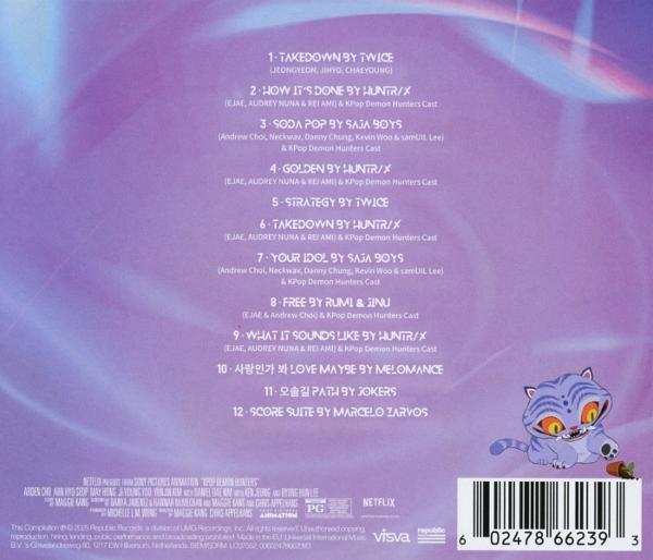 CD-Cover mit Songtiteln, einer Cartoon-Katze und einem Barcode. Der Hintergrund ist lila.