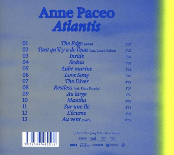 Albumcover mit blauem Text auf blauem und gelbem Hintergrund. Listet die Titelliste von Anne Paceos 'Atlantis'.