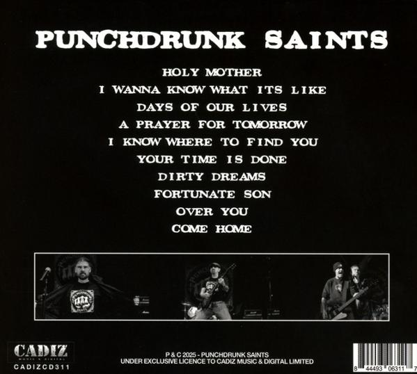 Albumcover mit Bandnamen 'Punchdrunk Saints', Titelliste und Bandmitgliedern, die live auf der Bühne spielen.