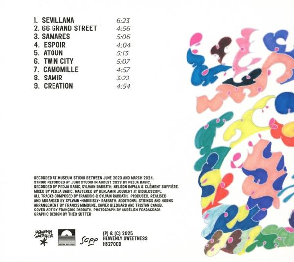Albumcover mit Titelliste links und bunten abstrakten Formen rechts. Text enthält Aufnahmedetails und Credits.