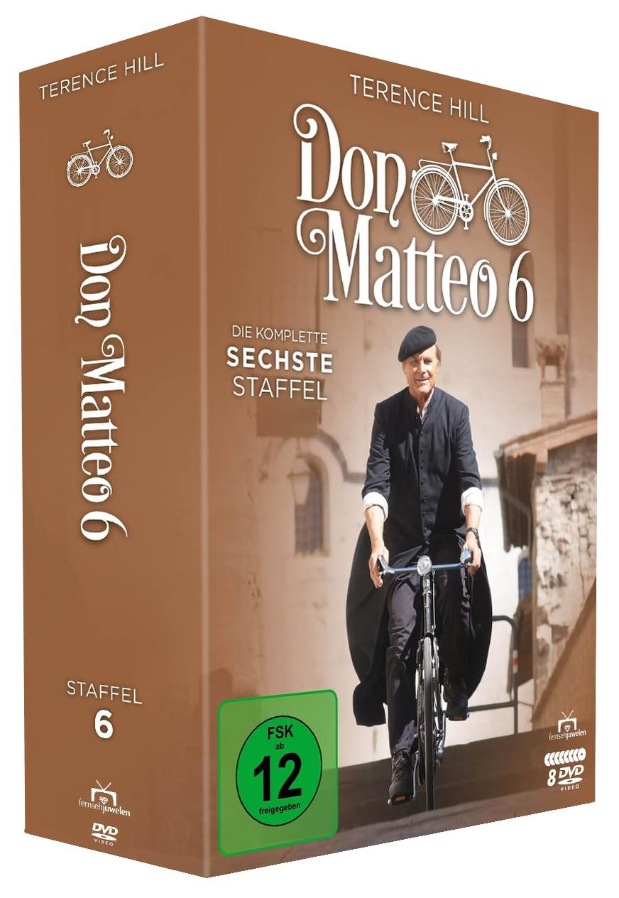 DVD-Box von Don Matteo 6, Terence Hill auf einem Fahrrad. Der Text enthält Titel, Staffeldetails und Altersfreigabe.