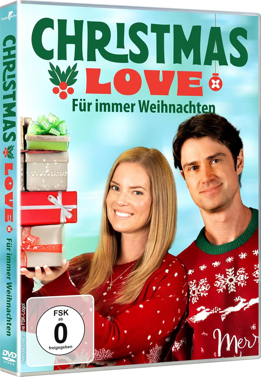 DVD-Cover mit Mann und Frau in Weihnachtspullovern. Titel ist 'Christmas Love'. Geschenke sind links gestapelt.