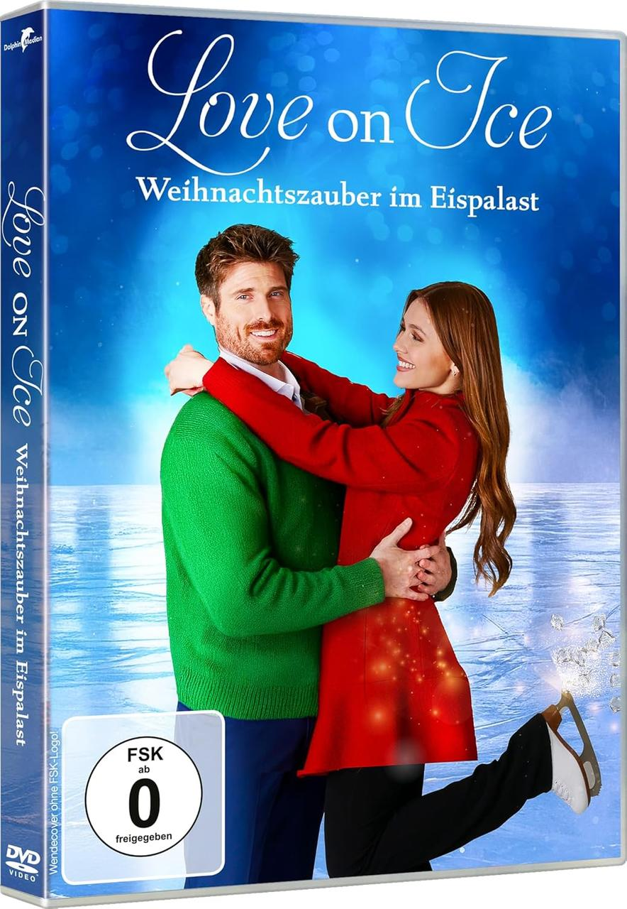 DVD-Cover zeigt ein sich auf dem Eis umarmendes Paar. Mann in grünem Pullover, Frau in rotem Mantel. Titel: Love on Ice.