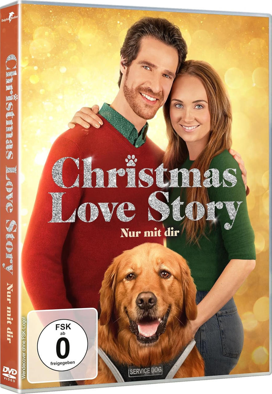 Ein Filmcover mit einem Paar und einem Hund. Der Titel lautet 'Christmas Love Story'. Der Hintergrund ist gold. Der Hund hat eine Hunde-Weste.