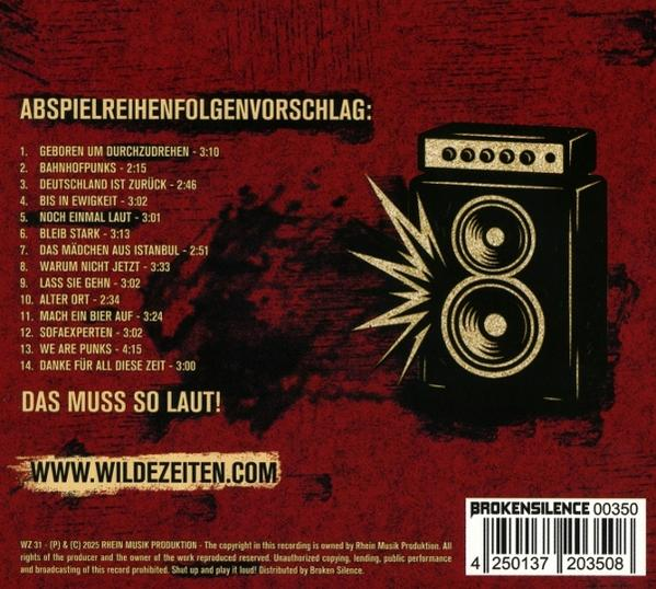 Albumcover mit Lautsprechergrafik. Text enthält Trackliste, Website-Adresse und Copyright-Informationen. Der Hintergrund ist rot.